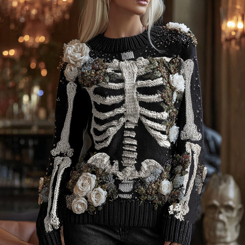 Women's Halloween Rose And Skeleton Anatomy Art Round Neck Cozy Sweater artswardrobe