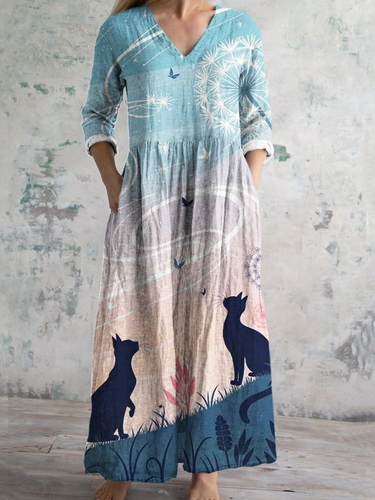 Butterfly & Cat Element Printed Women's V-neck Linen Maxi Dress elevenforest