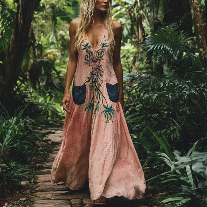 Bohemian Floral Embroidery Sleeveless Cozy Linen Maxi Dress artswardrobe