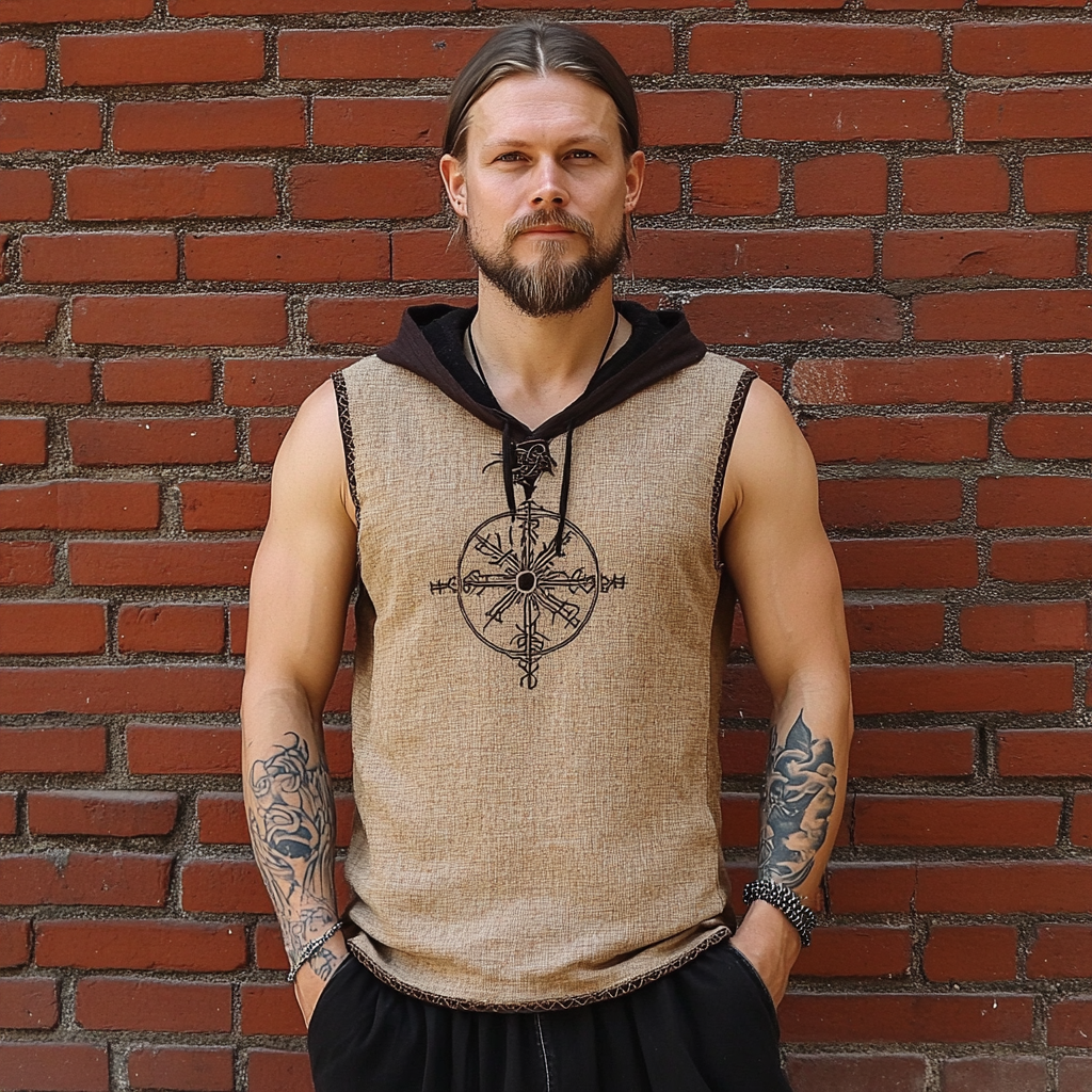 Vintage Men's Viking Rune Linen Contrast Hoodie artswardrobe