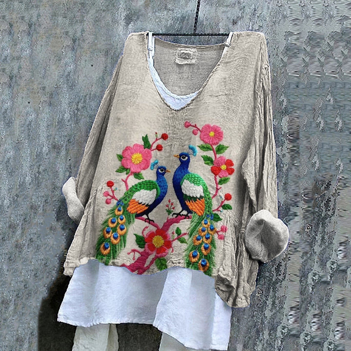 Women's Vintage Peacock Floral Embroidery Art Loose V-neck Shirt artswardrobe