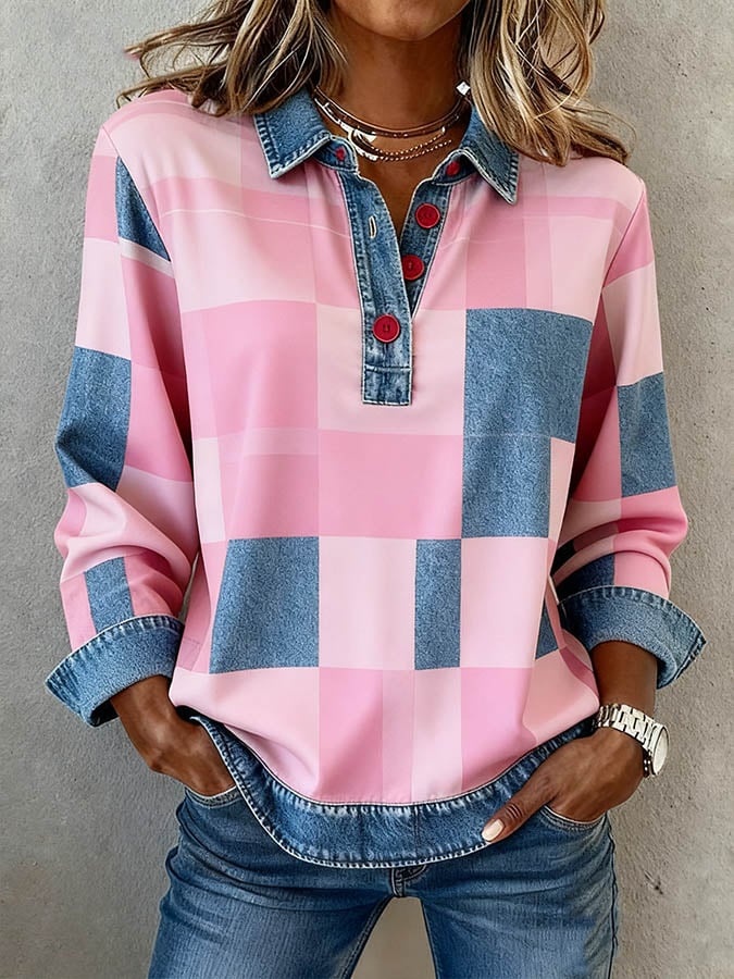 Women'S Casual Lapel Contrast Color Stitching Plaid Top