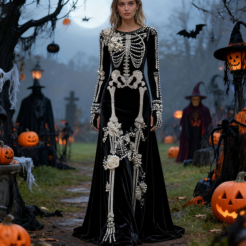 Comstylish Women's Halloween Skull Floral Velvet Crew Neck Maxi Dress