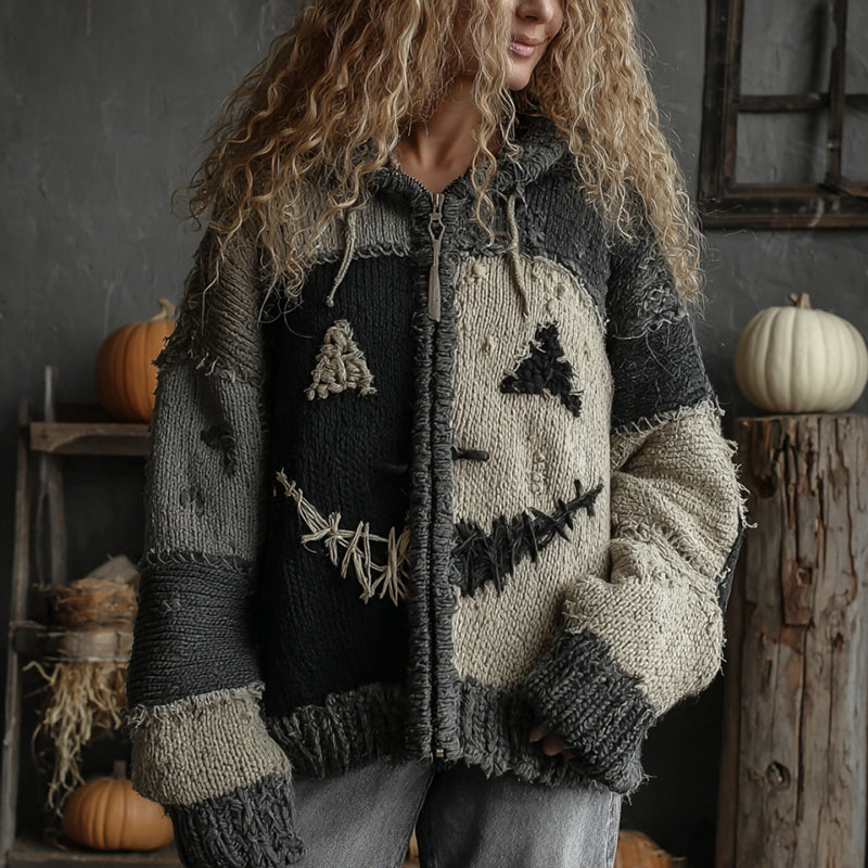 Halloween Pumpkin Face Patchwork Art Cozy Knit Hooded Cardigan elevenforest