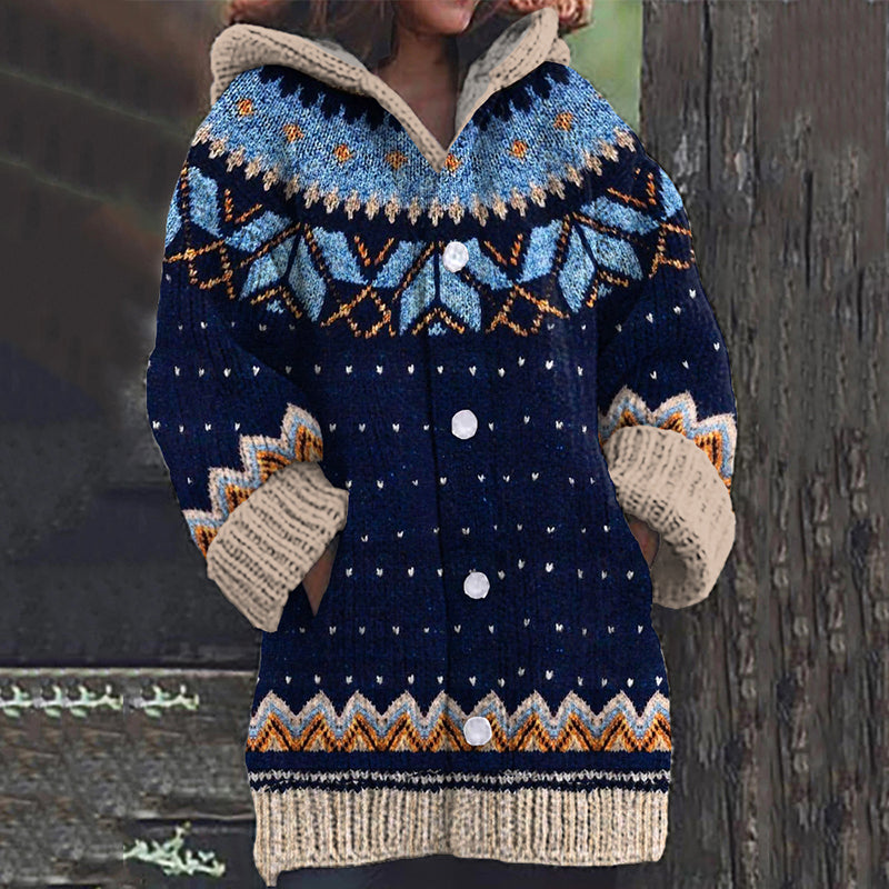 Vintage Icelandic Ethnic Print Long Sleeve Knitted Hooded Cardigan elevenforest