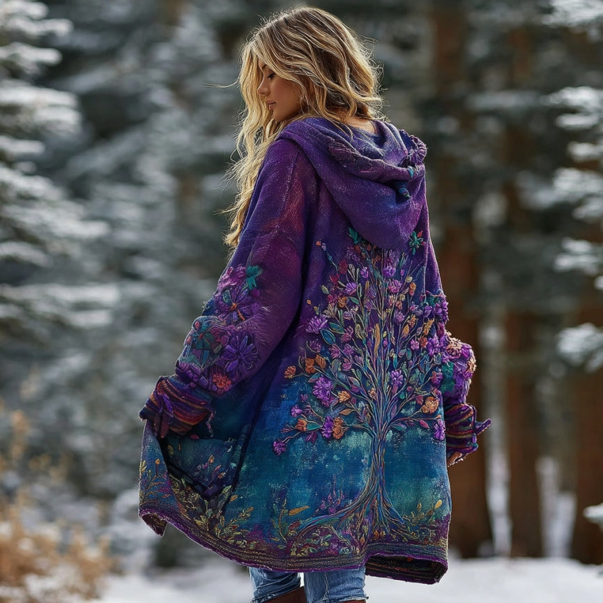 Comstylish Women's Tree Of Life Floral Gradient Cozy Pocket Hooded Cardigan