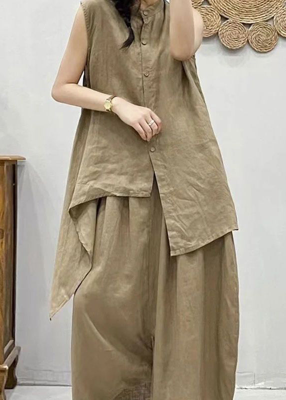 Kaffeebraunes zweiteiliges Set aus Leinenweste mit Stehkragen und asymmetrischem Patchwork und Cropped-Hose, Sommer