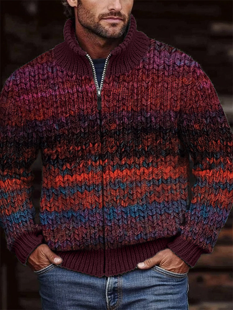 Men's Vintage Colorful Crochet Art Cozy Zip Cardigan artswardrobe
