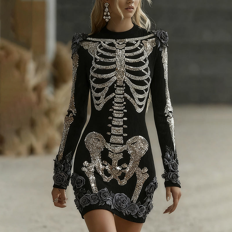 Women's Halloween Skeleton Bones With Glitter And Rose Art Cozy Knit Mini Sweater Dress artswardrobe