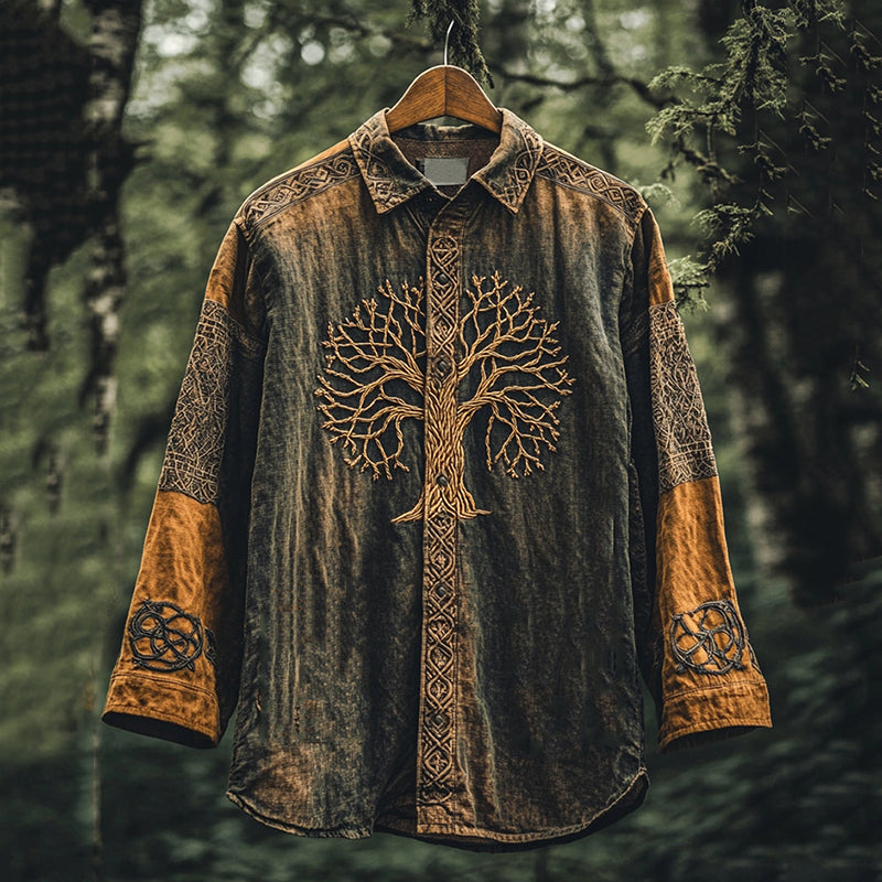 Men's Viking Mythology Tree Of Life Lapel Tie Dyed Long Sleeved Shirt artswardrobe