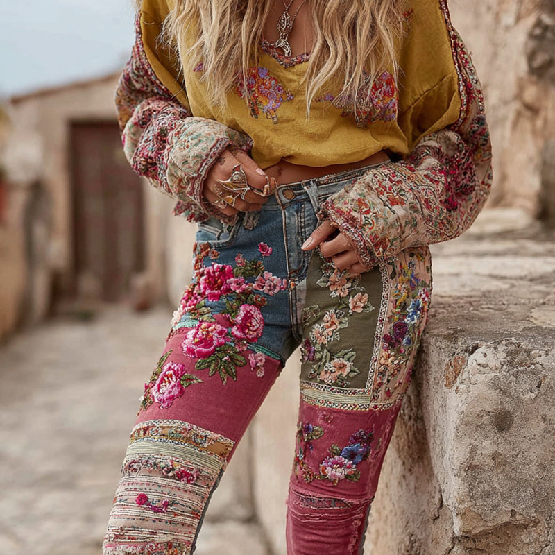 Comstylish Women's Bohemian Floral Embroidery Patchwork Art Jeans