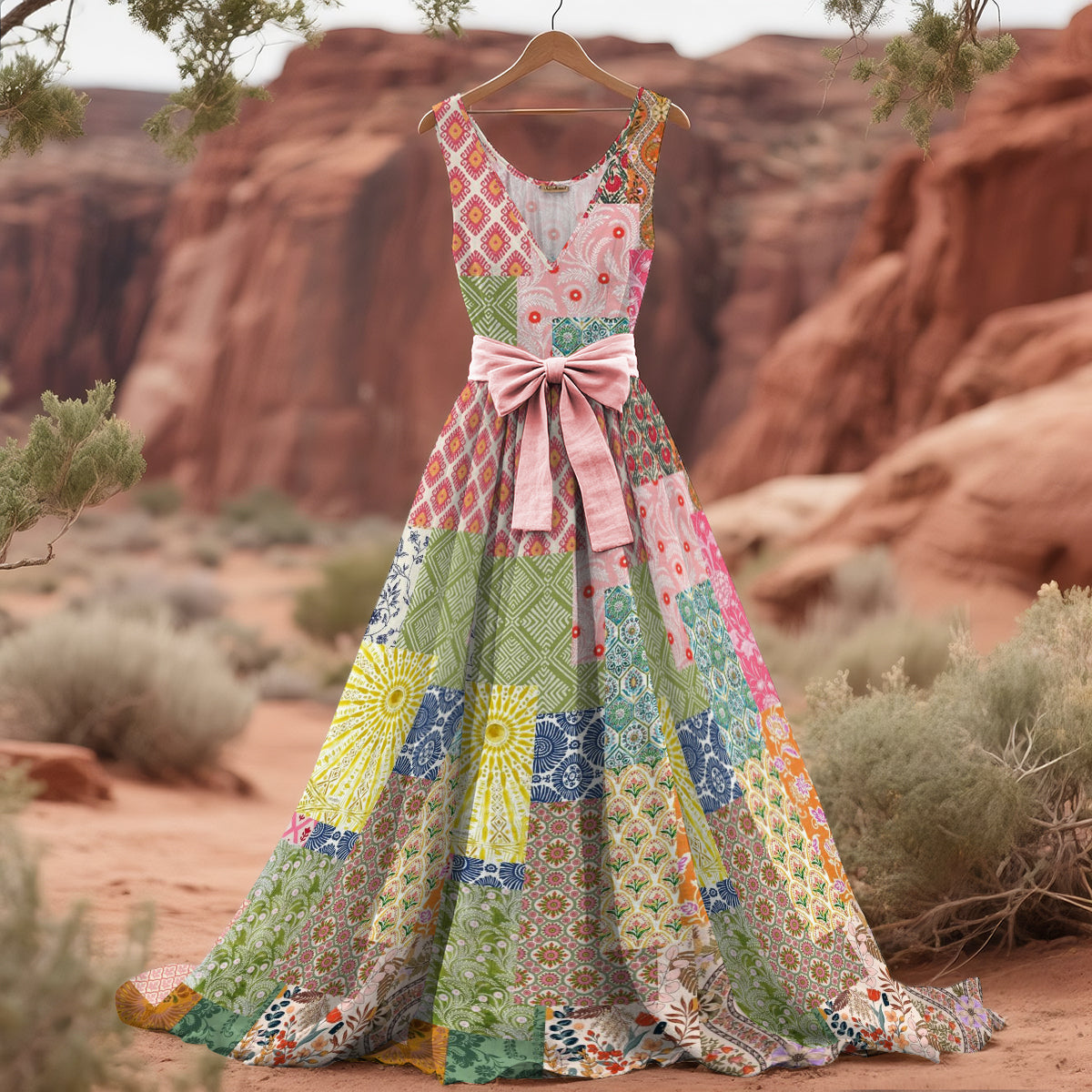Women's Floral Patchwork Art Linen Tank Midi Dress(belt Not Included) artswardrobe