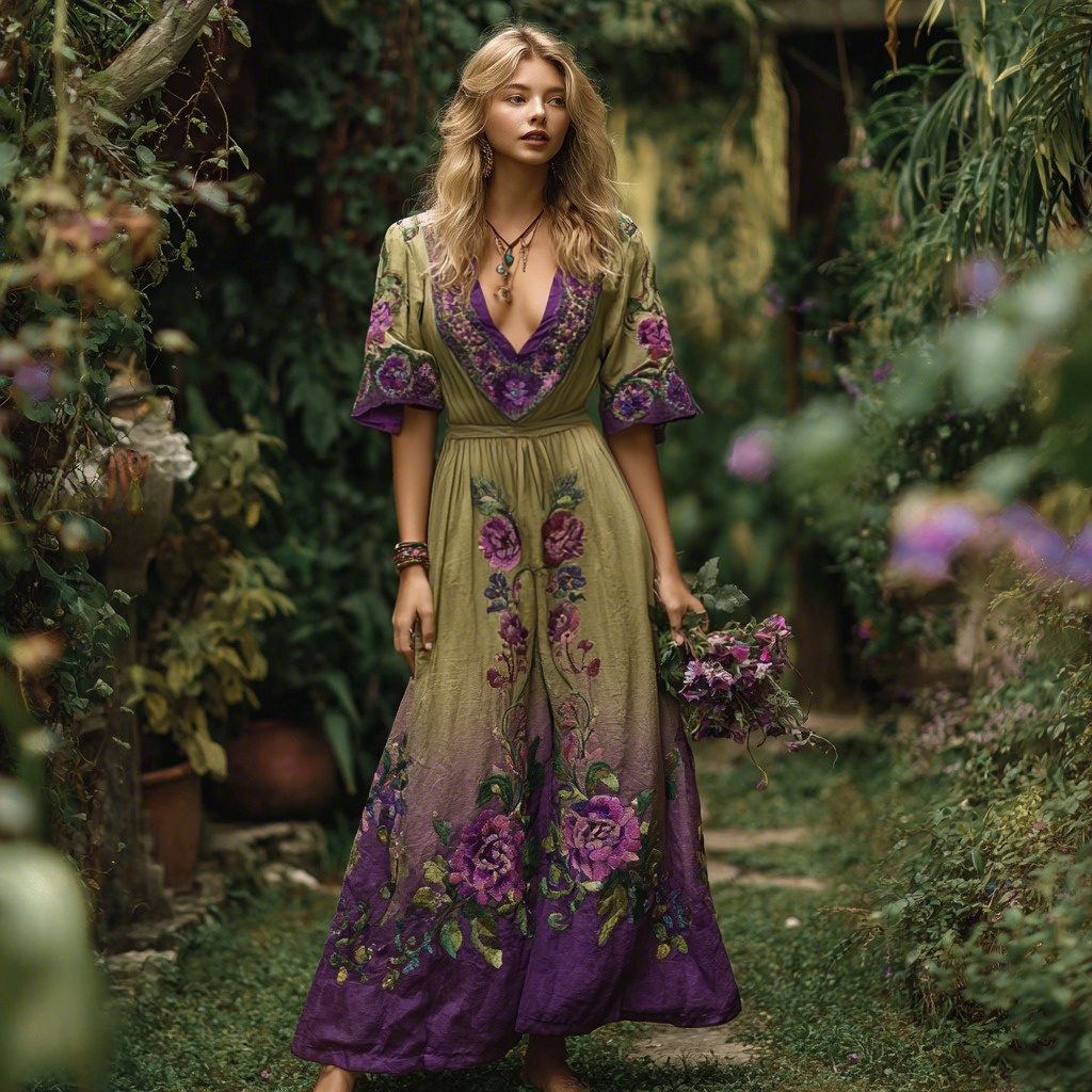 Vintage Gradient Purple Floral Embroidered V Neck Linen Blend Maxi Dress artswardrobe