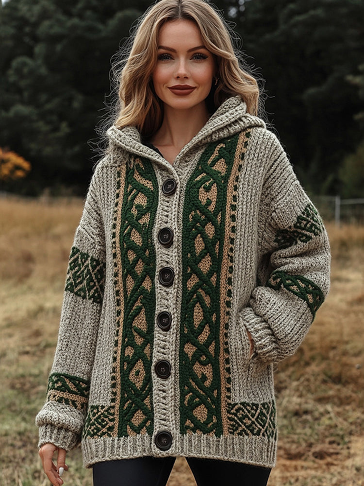 Women's Irish Celtic Jacquard Hooded Button Up Cardigan Sweater artswardrobe