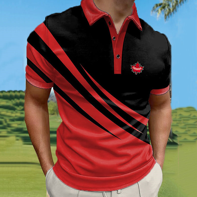 Men's Geometric Canada Hockey 2025 Canada Flag Inspired Print Buttons Polo Shirt elevenforest