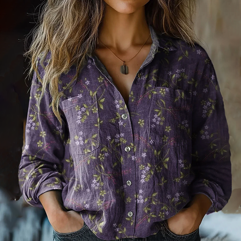Comstylish Bohemian Style Floral Linen Print Long Sleeve Shirt