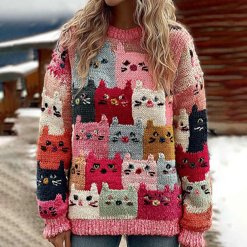 Colorful Winter Cats Pattern Art Cozy Knit Sweater artswardrobe