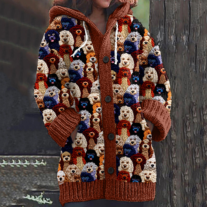 Comstylish Dog Print Knitted Hooded Cardigan