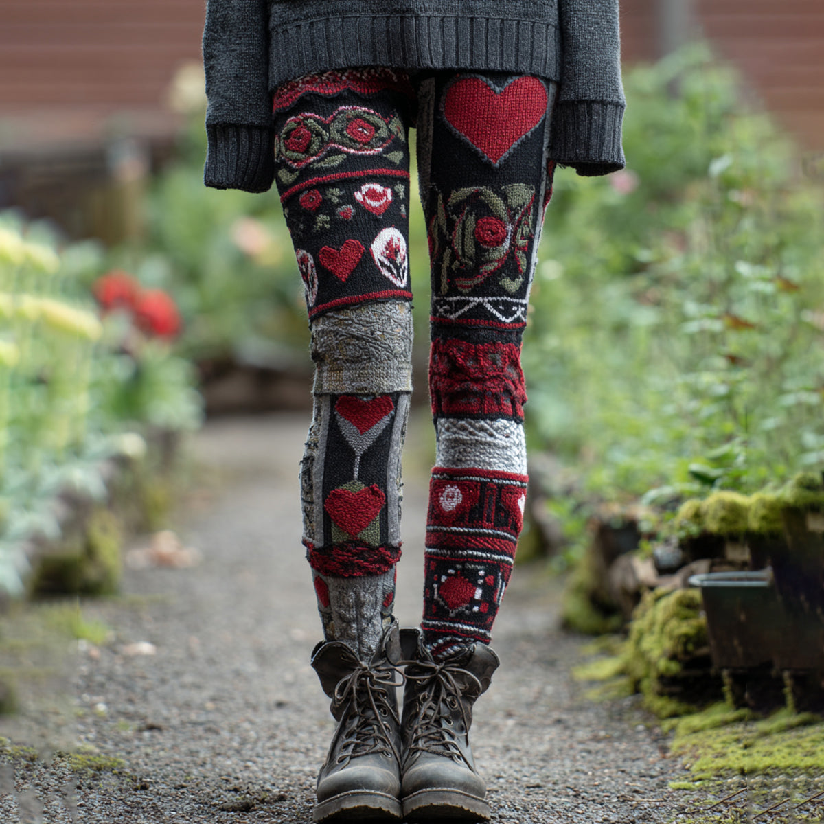 Women's Vintage Heart Patchwork Art Casual Leggings elevenforest