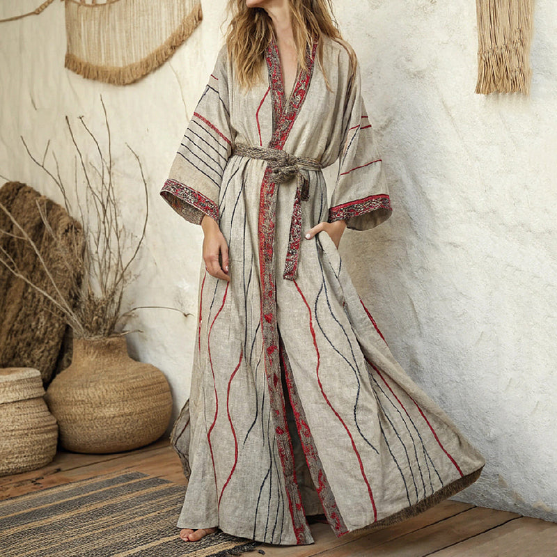 Women's Line Art Linen V-neck Robe artswardrobe