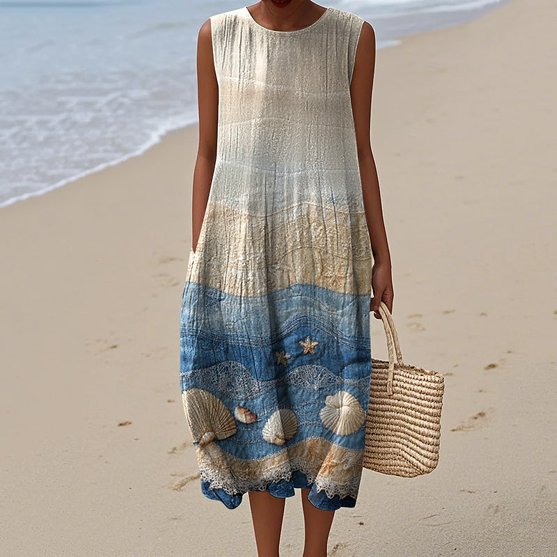 Vintage Loose Starfish & Sea Shells Sea Waves Art Sleeveless Cotton And Linen Tank Dress artswardrobe