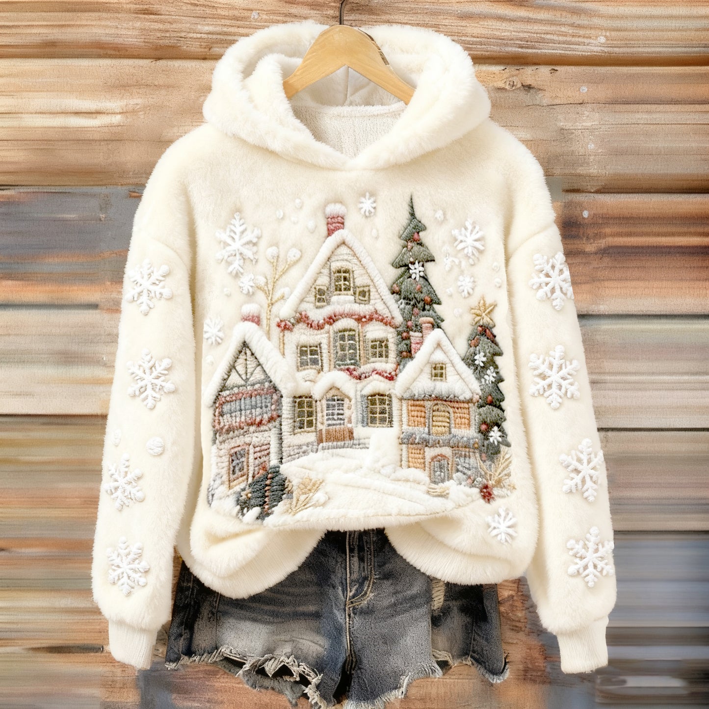 Women's Christmas Snow Scene Embroidery Comfort Flannel Hoodie