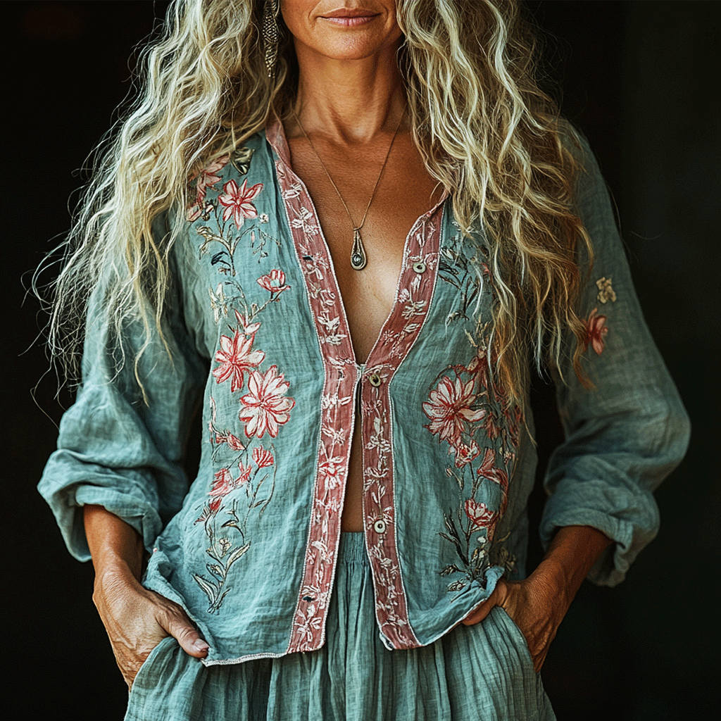 Bohemian Linen Floral Art Print Long Sleeve Shirt artswardrobe