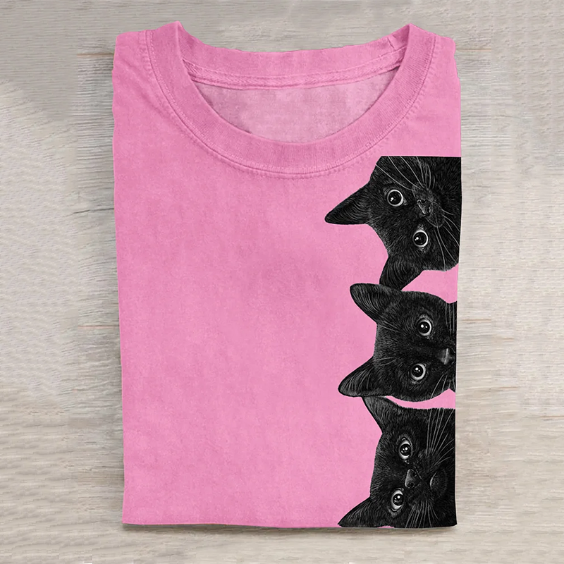 Unisex Black Cat Art Print Casual Tee elevenforest