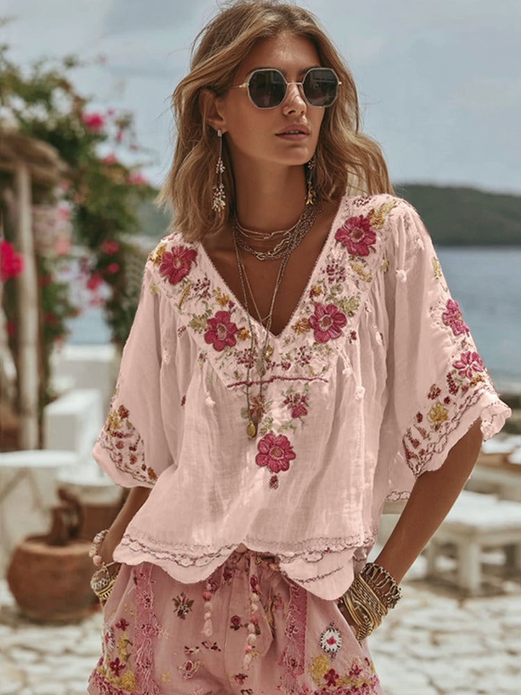 Women's Vintage Floral Art Linen Comfy Shirt artswardrobe