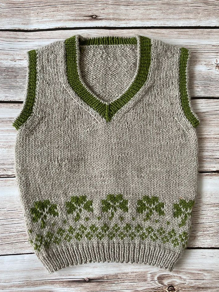 Men's Vintage Irish Shamrock Cozy Knit V Neck Vest elevenforest