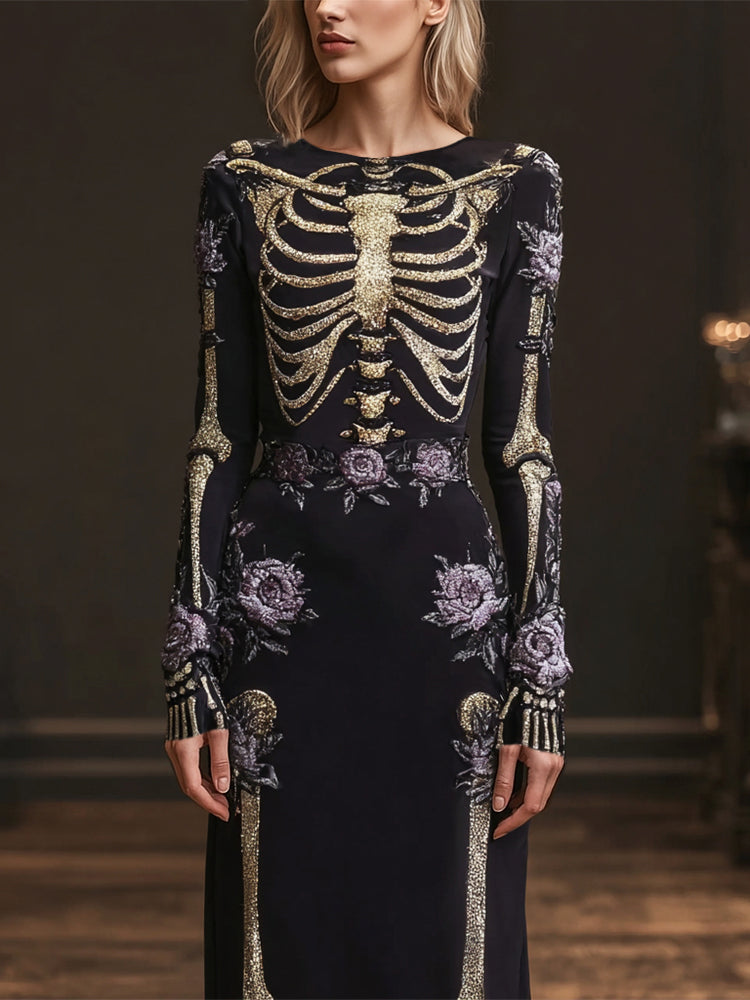 Comstylish Halloween Skull Floral Sequin Art Women's Maxi Dress