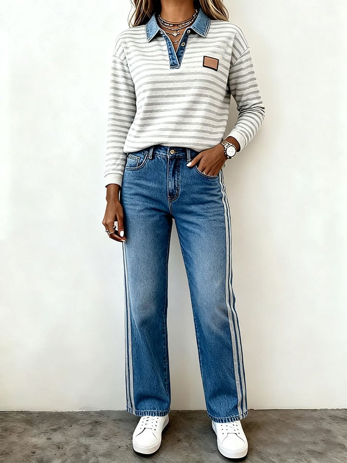 Women'S Casual Lapel Stitching Striped Sweatshirt And Pants Two-Piece Set