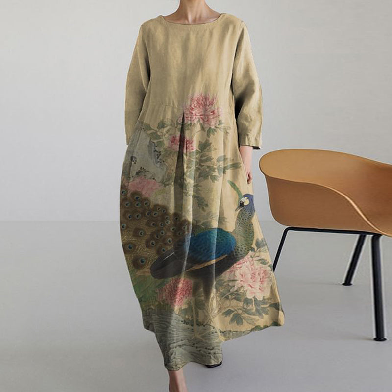 Comstylish Vintage Japanese Peacock Art Long Sleeve Midi Dress