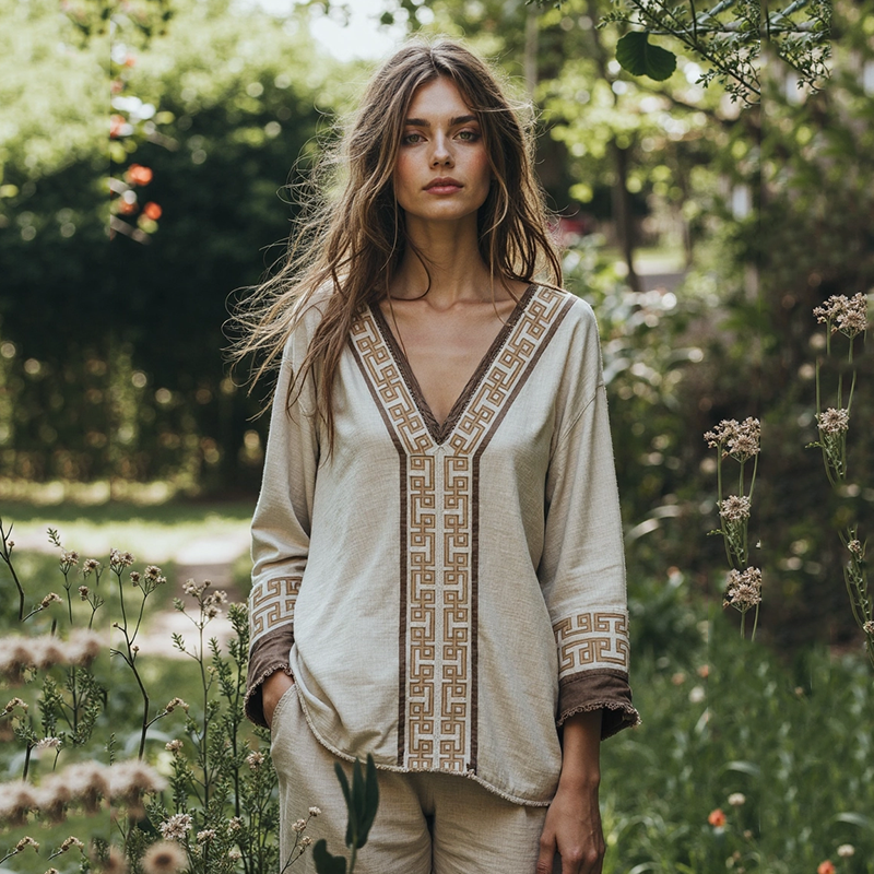 Comstylish Retro Greek Key Pattern Art Linen Blend T-shirt