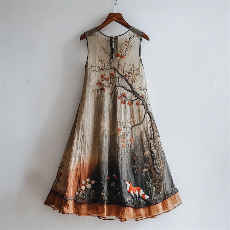 Comstylish Classy Fox Floral Tree Embroidered Gradient Flowy Linen Dress