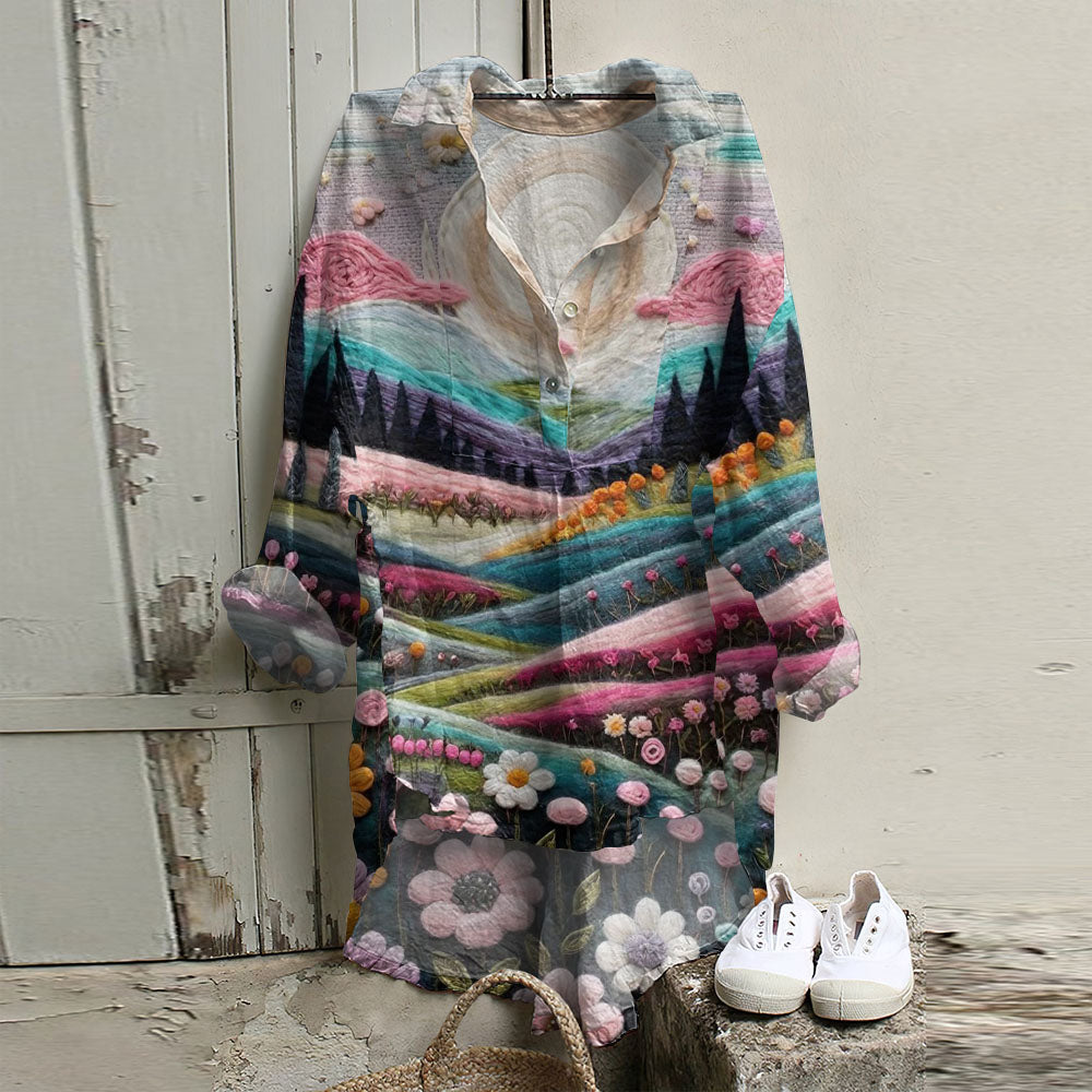Casual Dreamy Pink Village Art Printed Long Sleeve Tunic artswardrobe