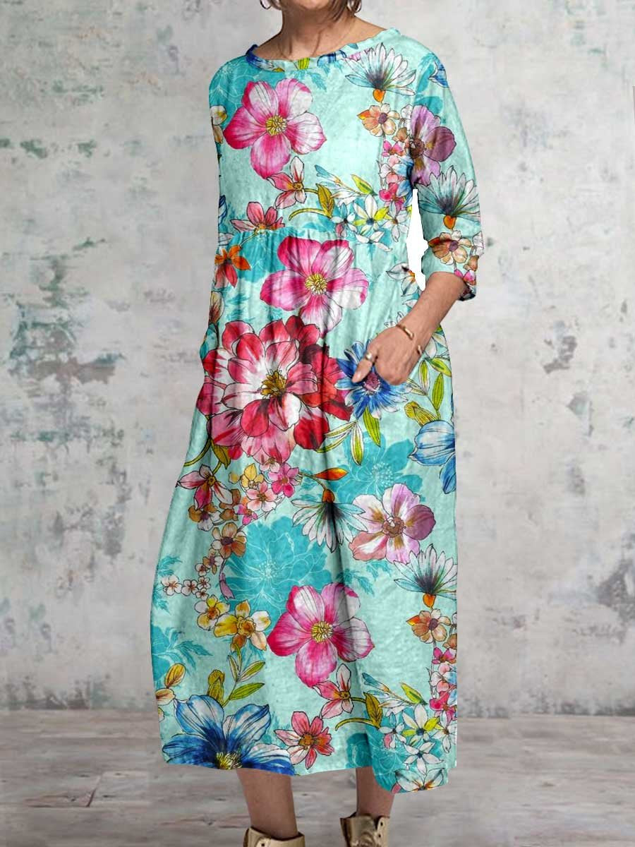 Women's Floral Art Pattern Round Neck Cotton and Linen Dress with Pockets