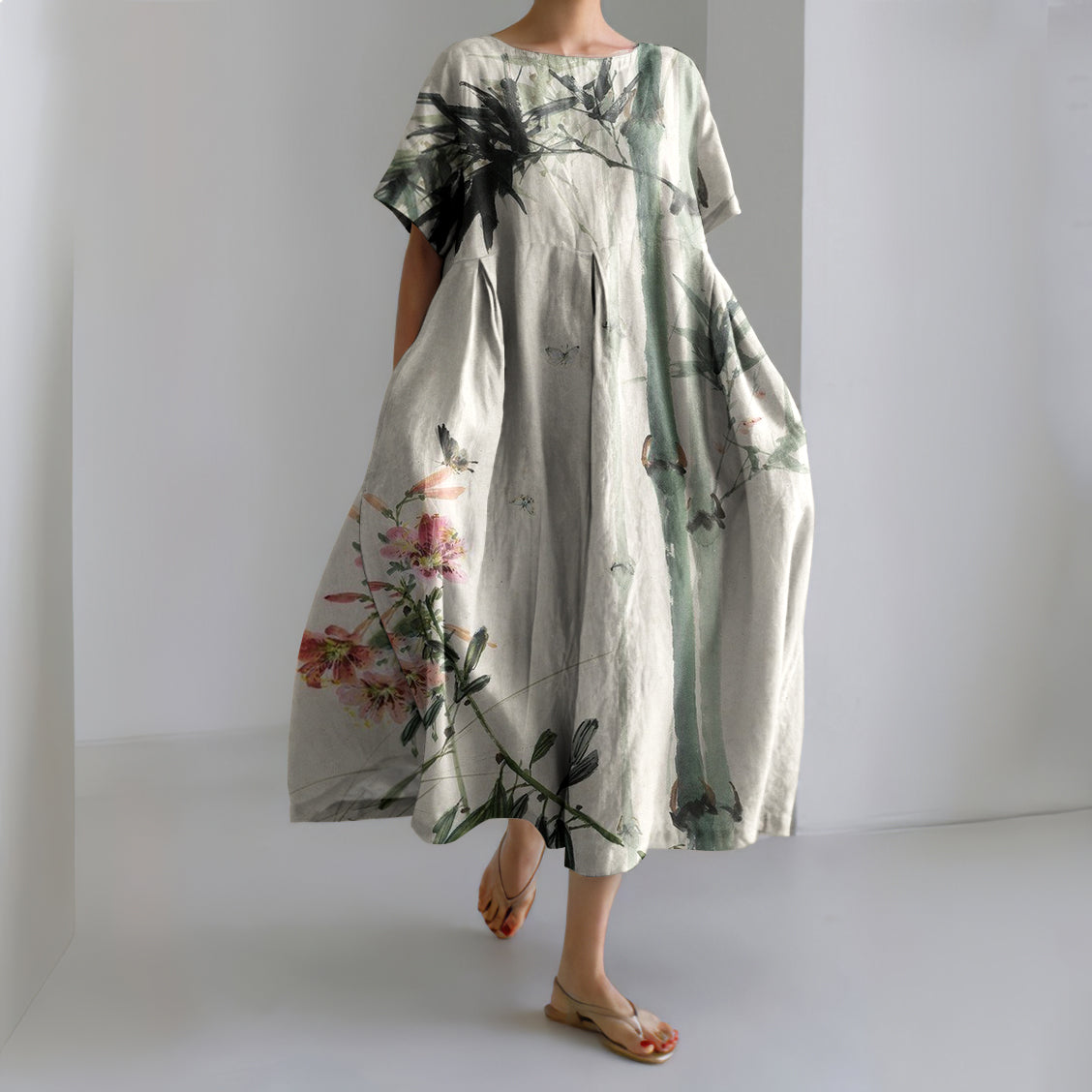 Comstylish Vintage Bamboo & Flowers Japanese Art Printed Casual Loose Dress