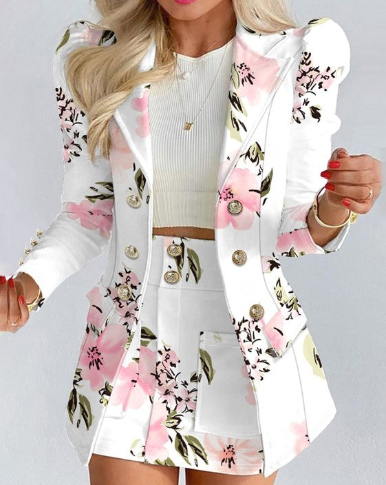 MW | Zweireihiger Blazer mit Blumendruck und Puffärmeln