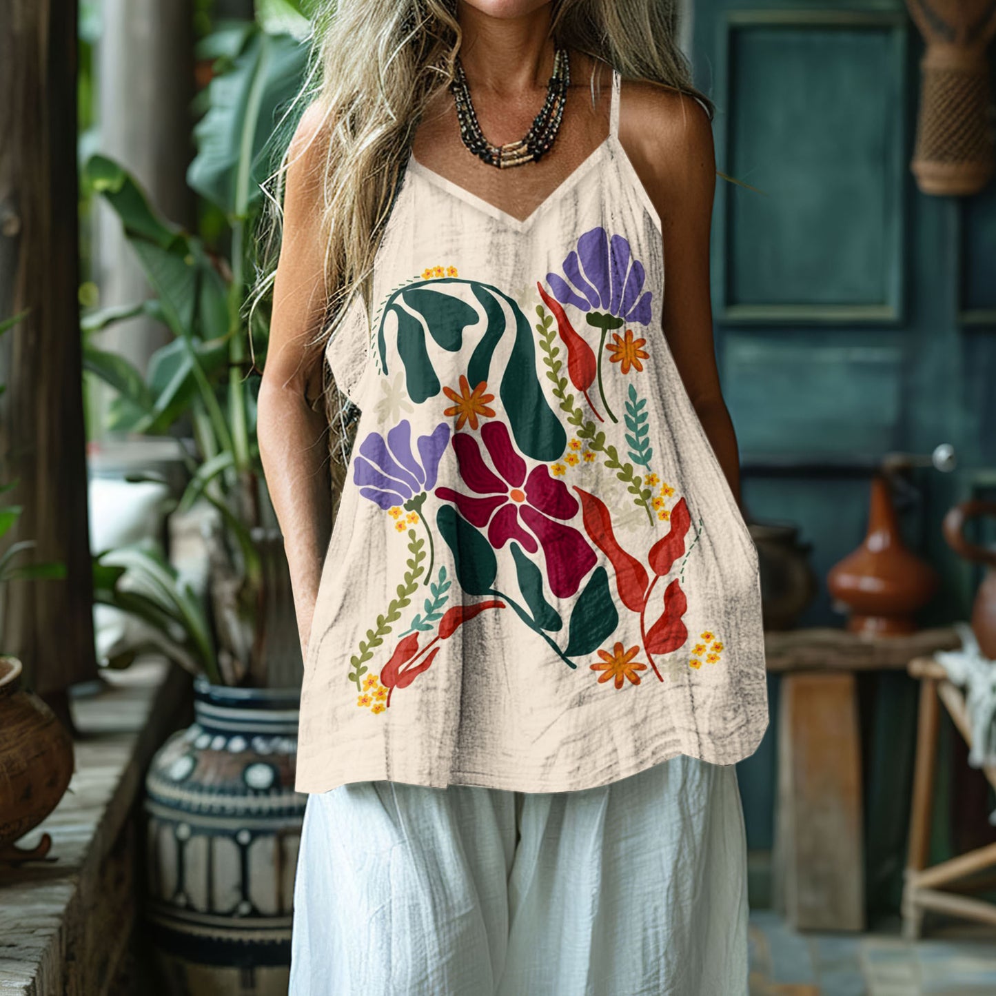 Women's Floral Dog Art Print Cotton And Linen Vest artswardrobe