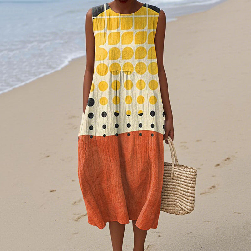 Women's Retro Abstract Geometric Cotton And Linen Sleeveless Dress artswardrobe