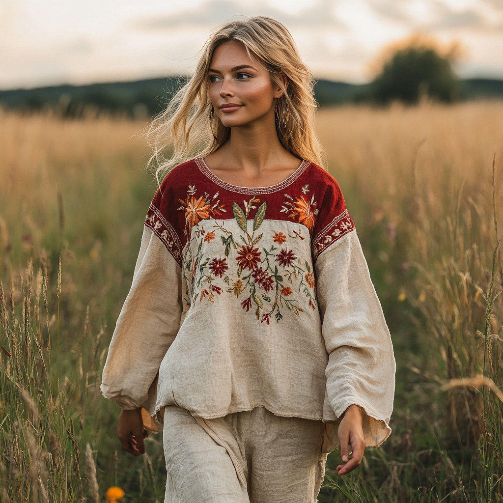 Retro Bohemian Floral Embroidery Art Linen Blend Loose Blouse artswardrobe