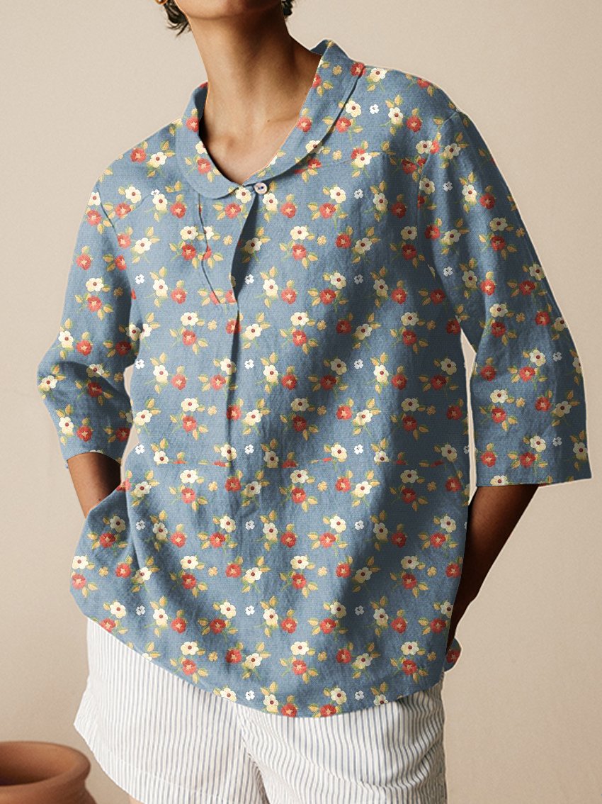 Women's Floral Art Print Casual Linen Cotton 3/4 Sleeve Shirt