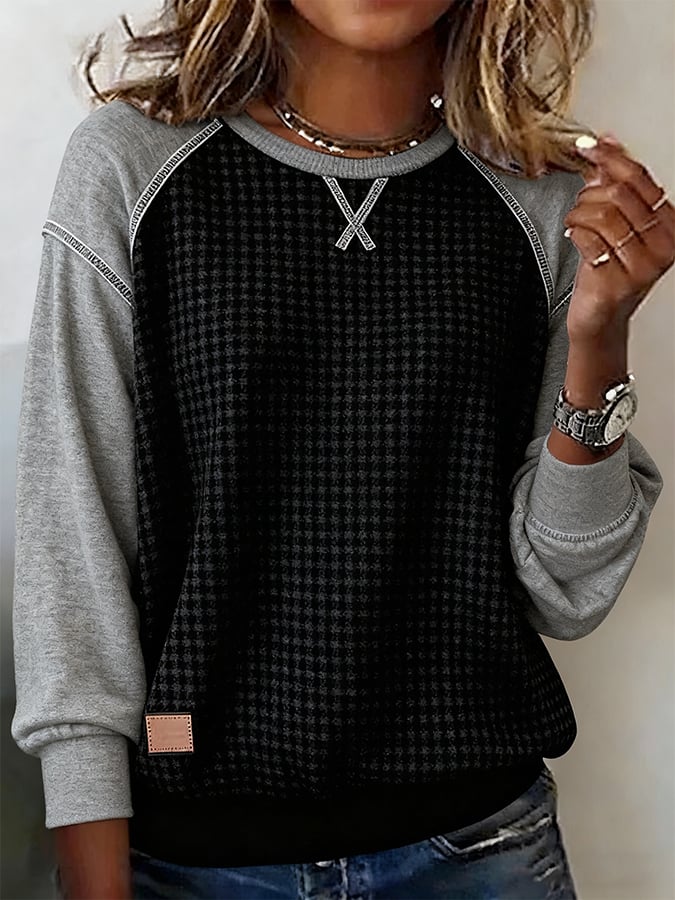 Women's Casual Crew Neck Contrast Waffle Sweatshirt