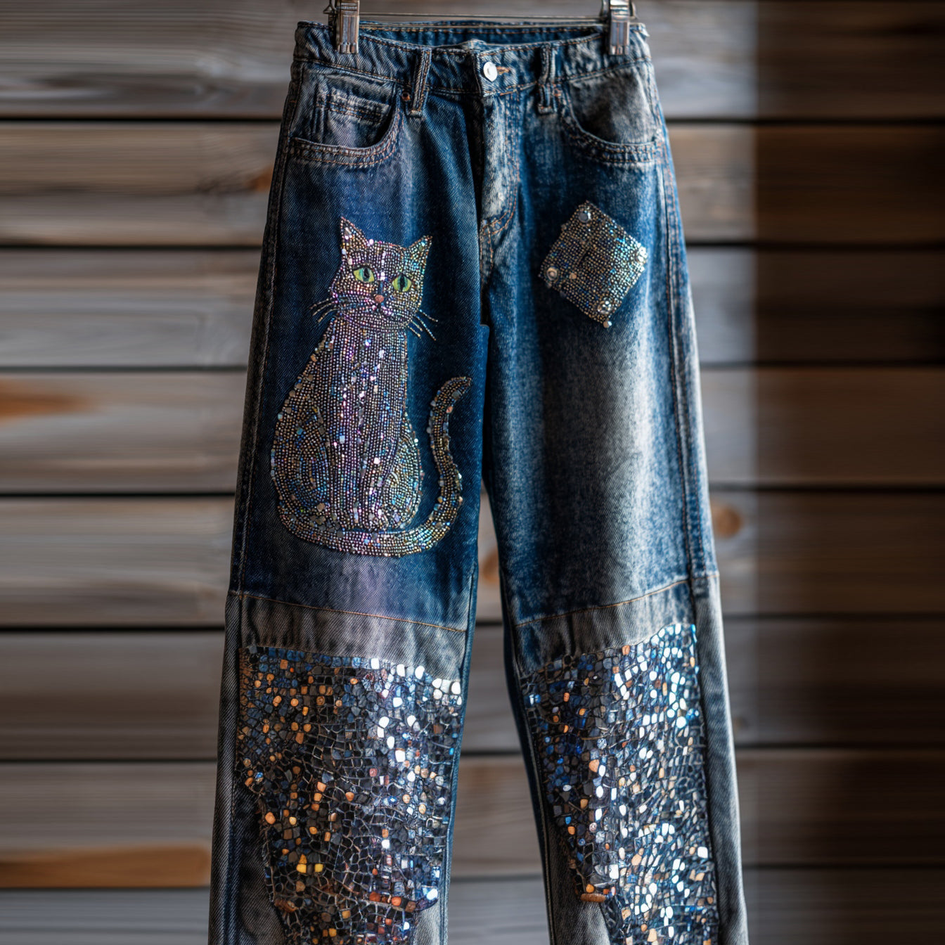 Casual Cute Diamond Cat Jeans elevenforest