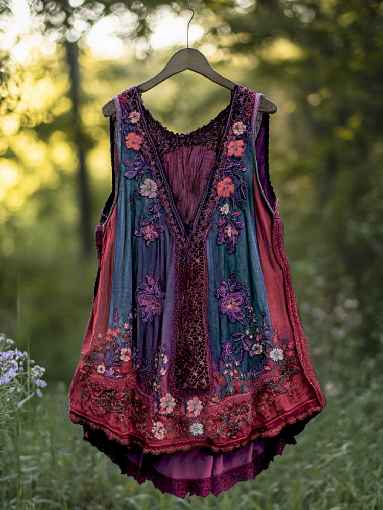 Boho Lavender Lace Art Linen Lace Patchwork Art Sleeveless Tank Top artswardrobe