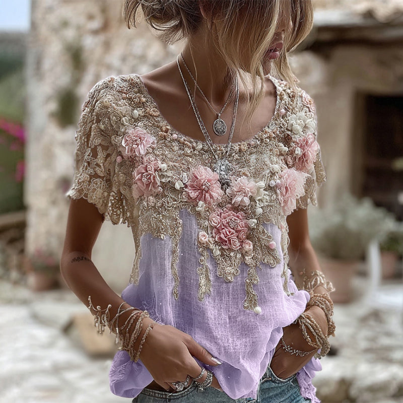 Women's Pink Rose Embroidery Art Round Neck Short Sleeve Linen Blend T-shirt artswardrobe