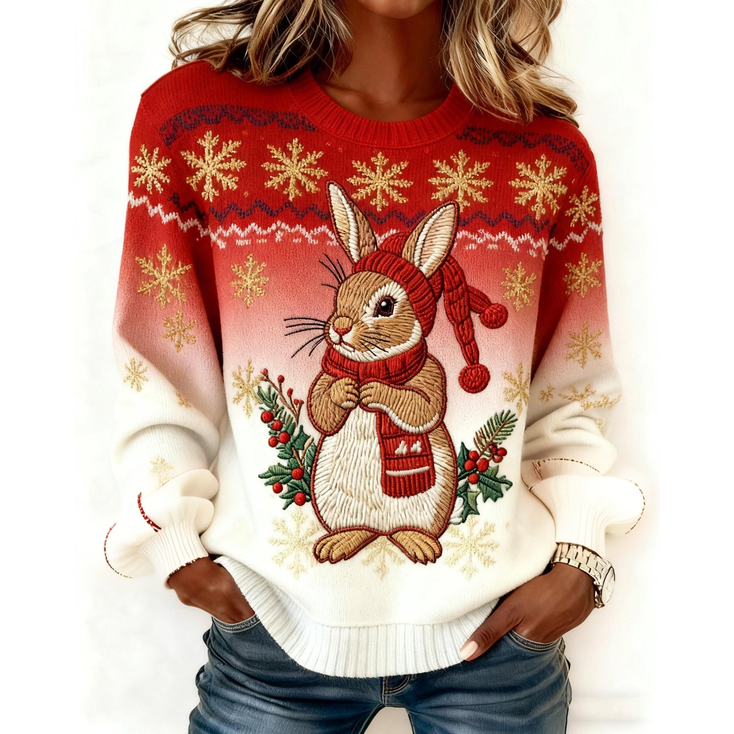 Comstylish Women's Christmas Bunny Holly Berry Embroidered Knit Sweatshirt