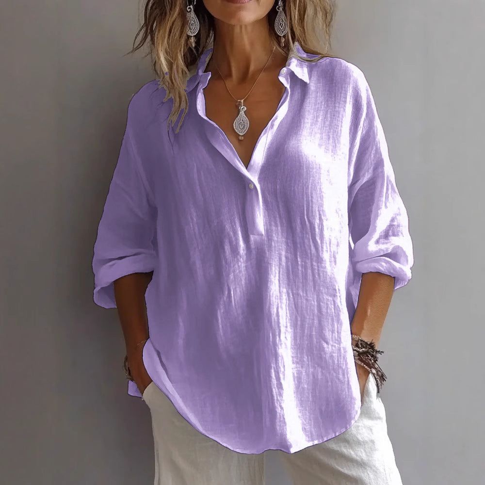 Comstylish Women's Retro V Neck Cotton Linen Comfy Shirt