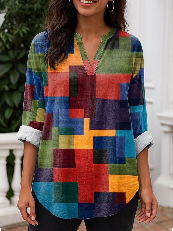 Women's Casual Contrast Color Block Print Long Sleeve Shirt